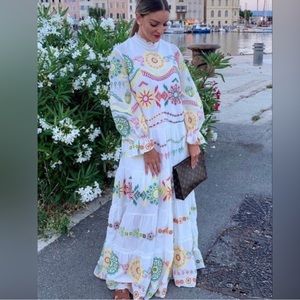 Zara White Maxi Dress with Colorful Patterns